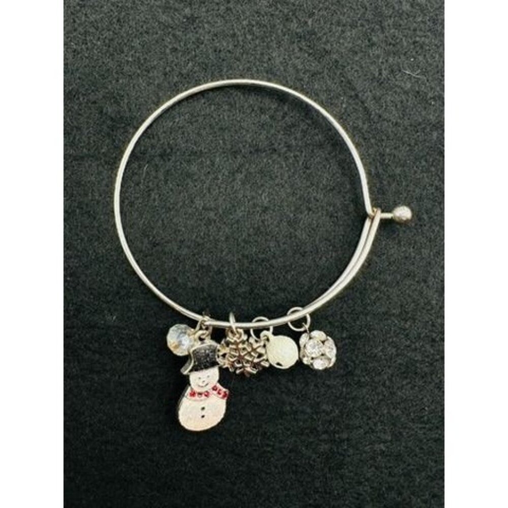 Silver Snowman Snowflake Charm Bangle Bracelet Rhinestone Christmas Holiday Gift
